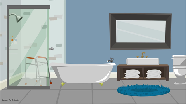 A bathroom with assistive technology such as a water leak detector