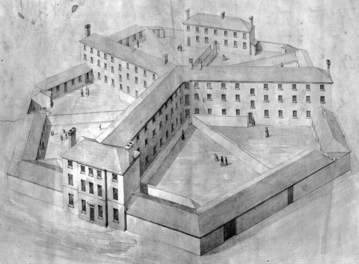 An old drawing of a workhouse.