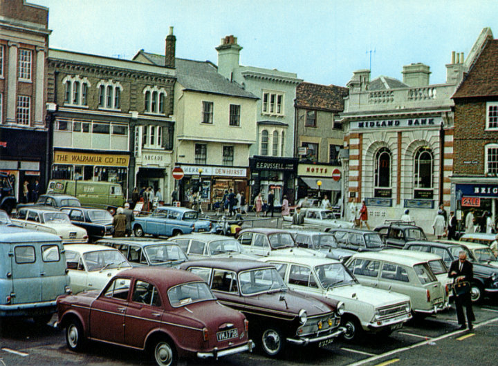 Old cars parked in Hitchin in the 1960s.